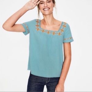 Boden Shirt Women's blouse Clemmie Embroidered Cotton Peasant Top blue gold pink